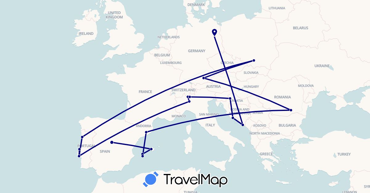 TravelMap itinerary: driving in Switzerland, Germany, Spain, Croatia, Italy, Poland, Portugal, Romania (Europe)